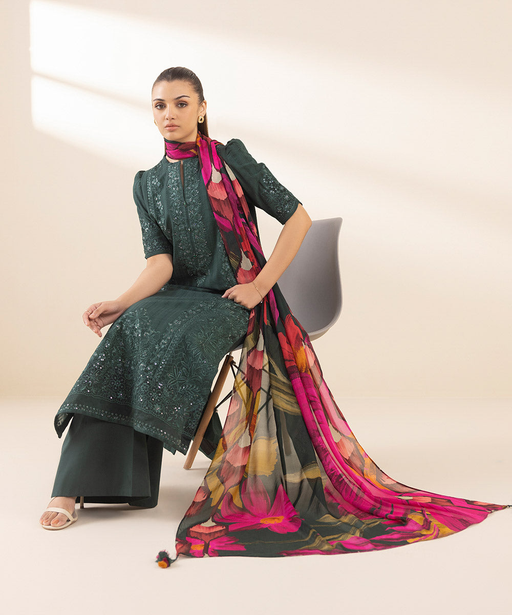 Women's Unstitched Dobby Embroidered Green 3 Piece Suit