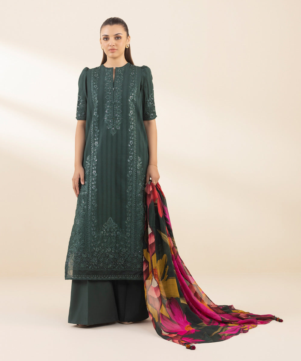 Women's Unstitched Dobby Embroidered Green 3 Piece Suit