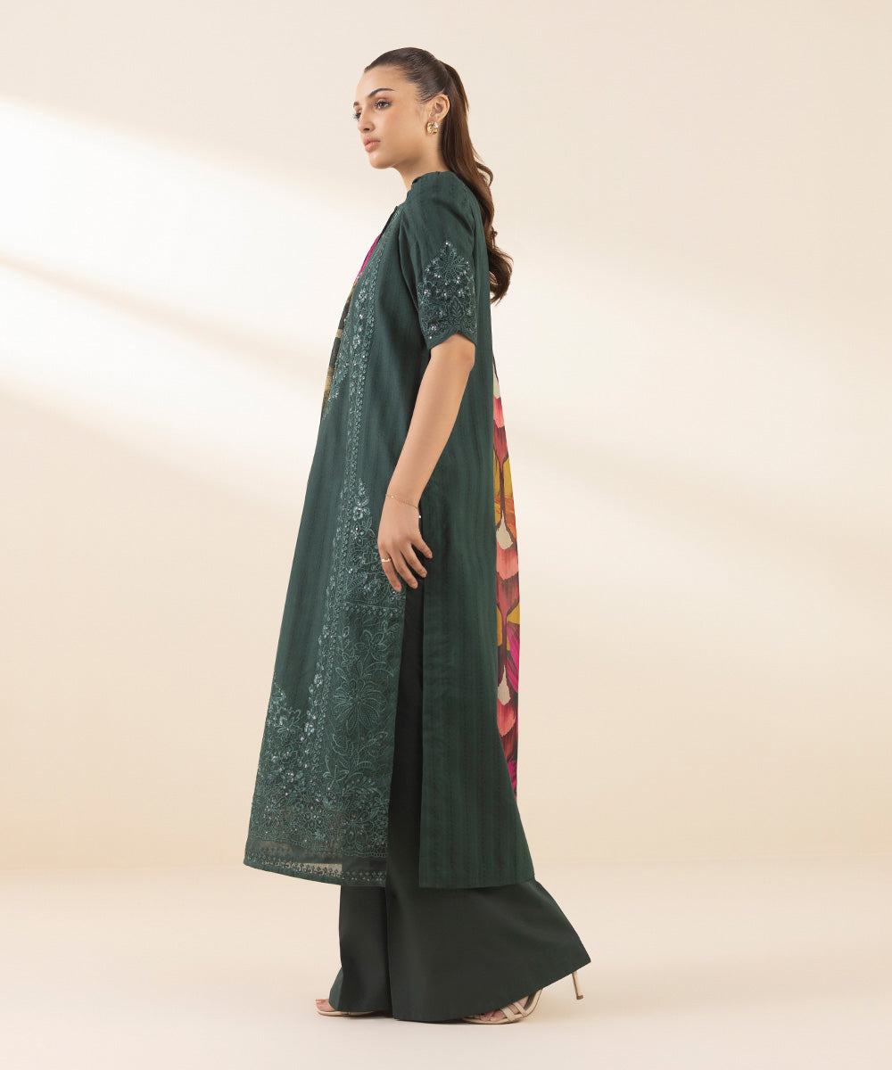 Women's Unstitched Dobby Embroidered Green 3 Piece Suit