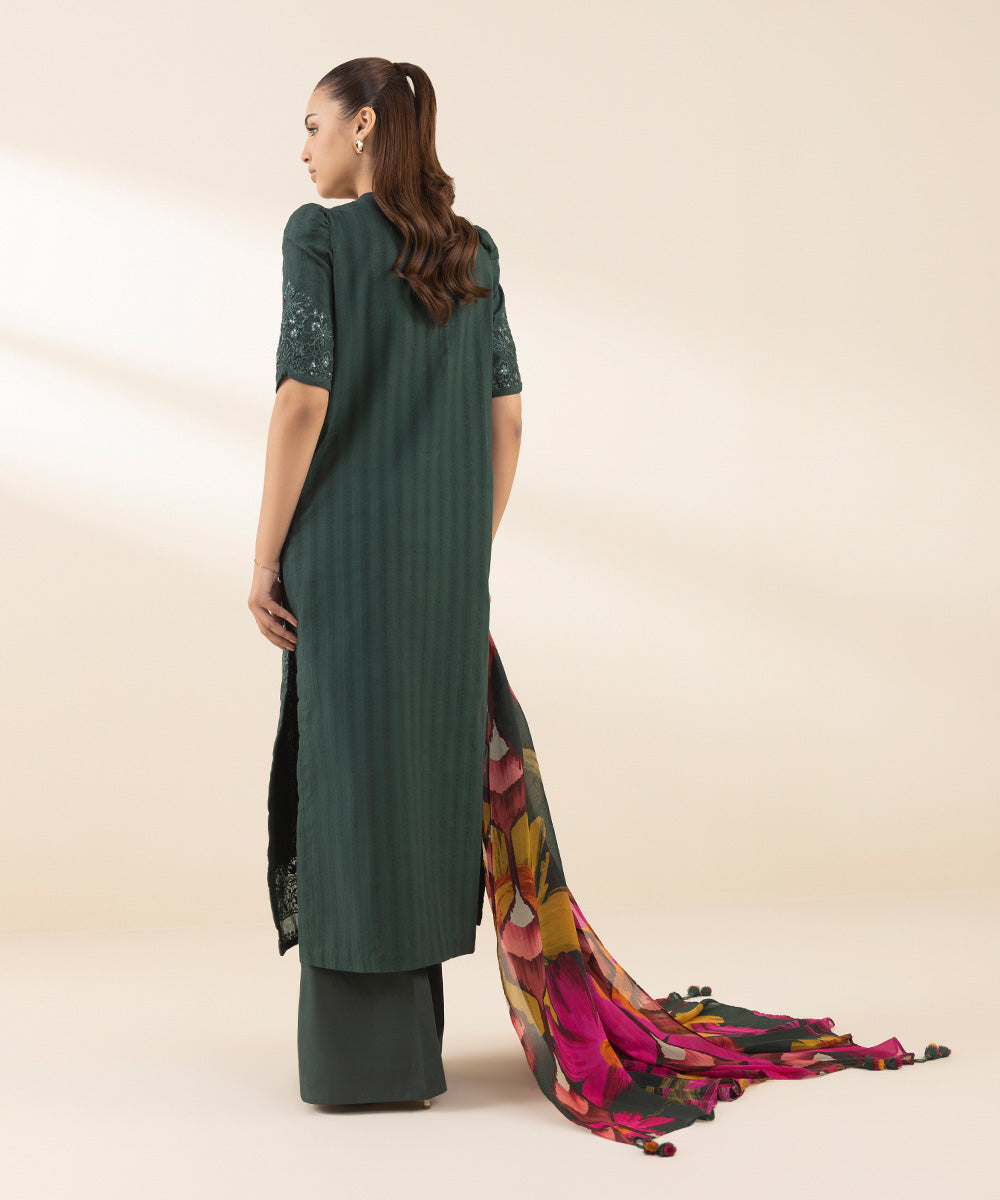 Women's Unstitched Dobby Embroidered Green 3 Piece Suit