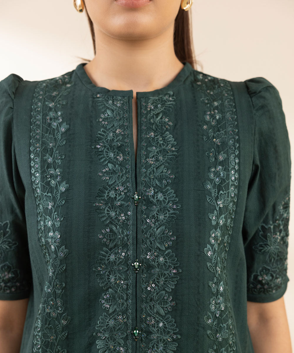 Women's Unstitched Dobby Embroidered Green 3 Piece Suit