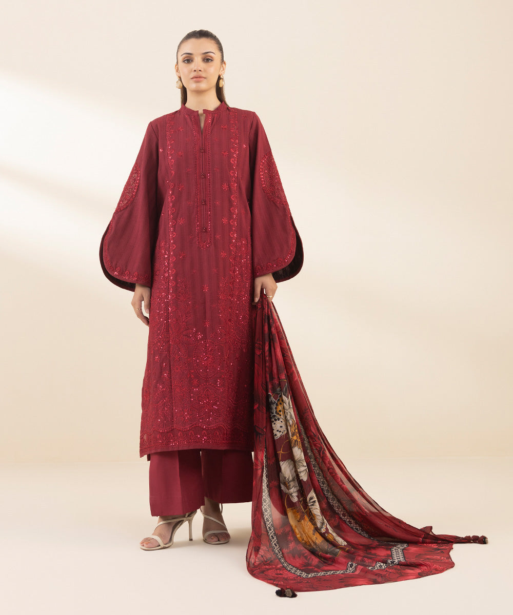 Women's Unstitched Dobby Embroidered Red 3 Piece Suit