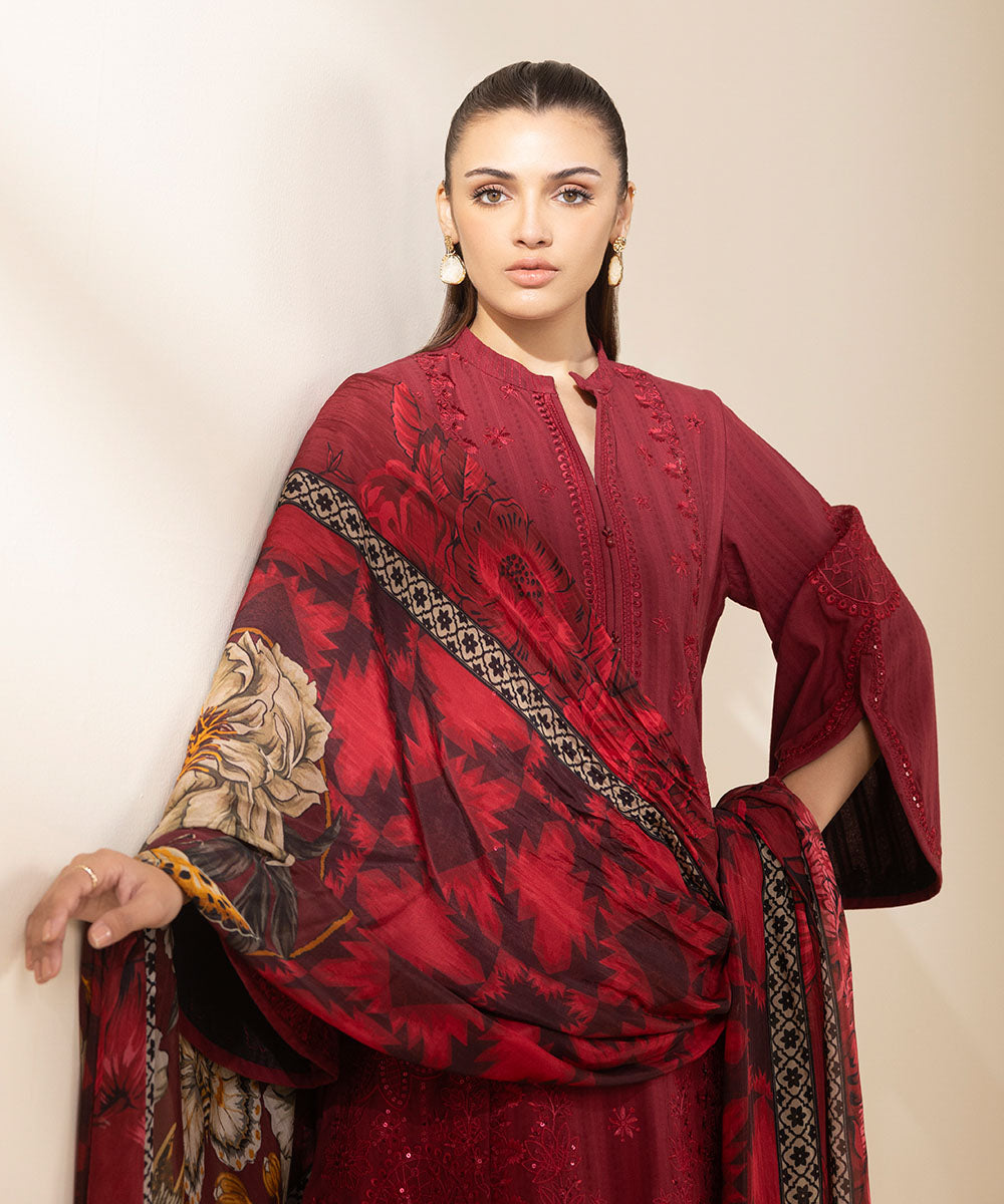 Women's Unstitched Dobby Embroidered Red 3 Piece Suit