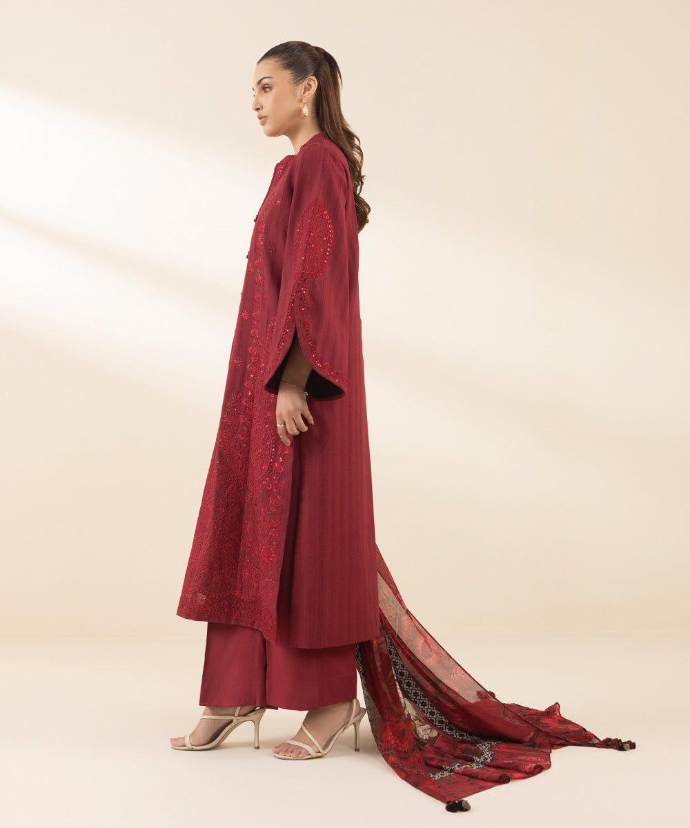 Women's Unstitched Dobby Embroidered Red 3 Piece Suit