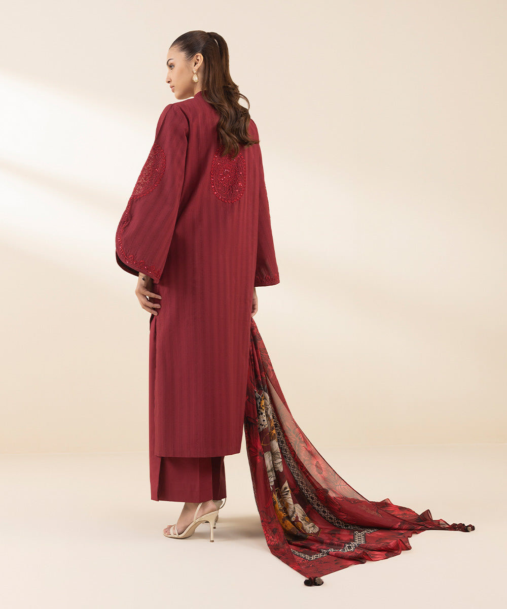 Women's Unstitched Dobby Embroidered Red 3 Piece Suit