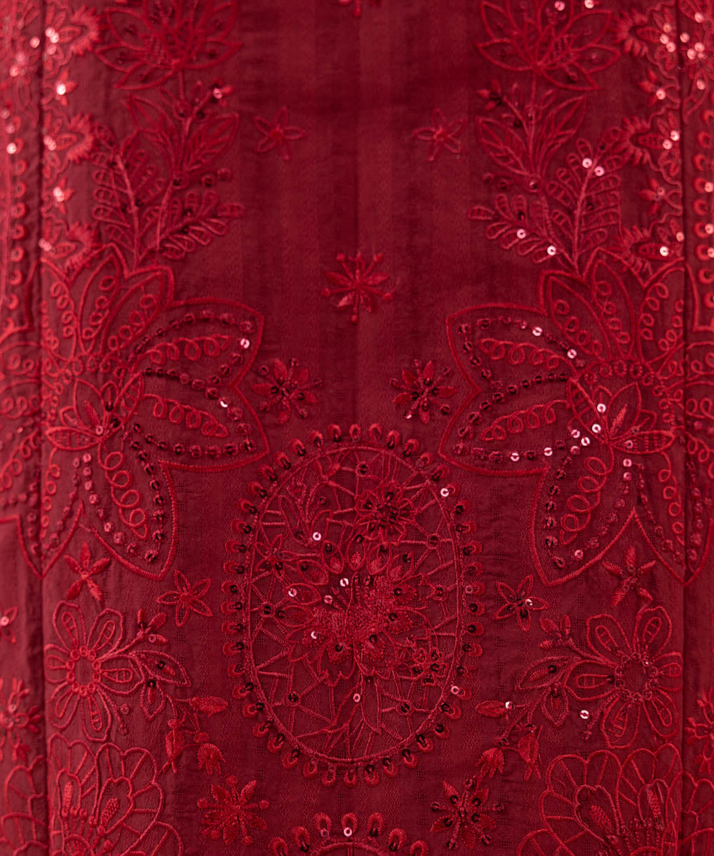 Women's Unstitched Dobby Embroidered Red 3 Piece Suit