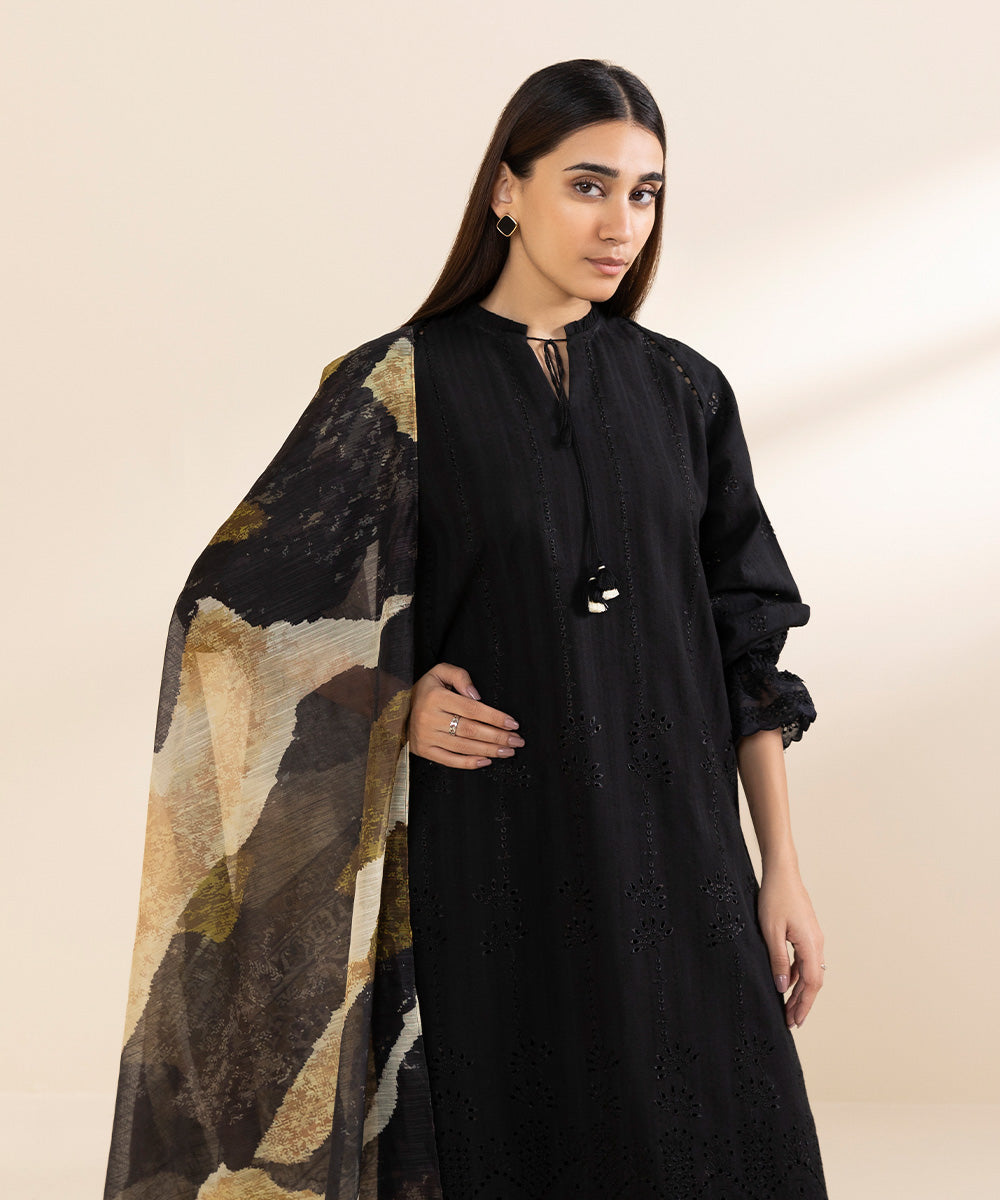 Women's Unstitched Dobby Embroidered Black 3 Piece Suit