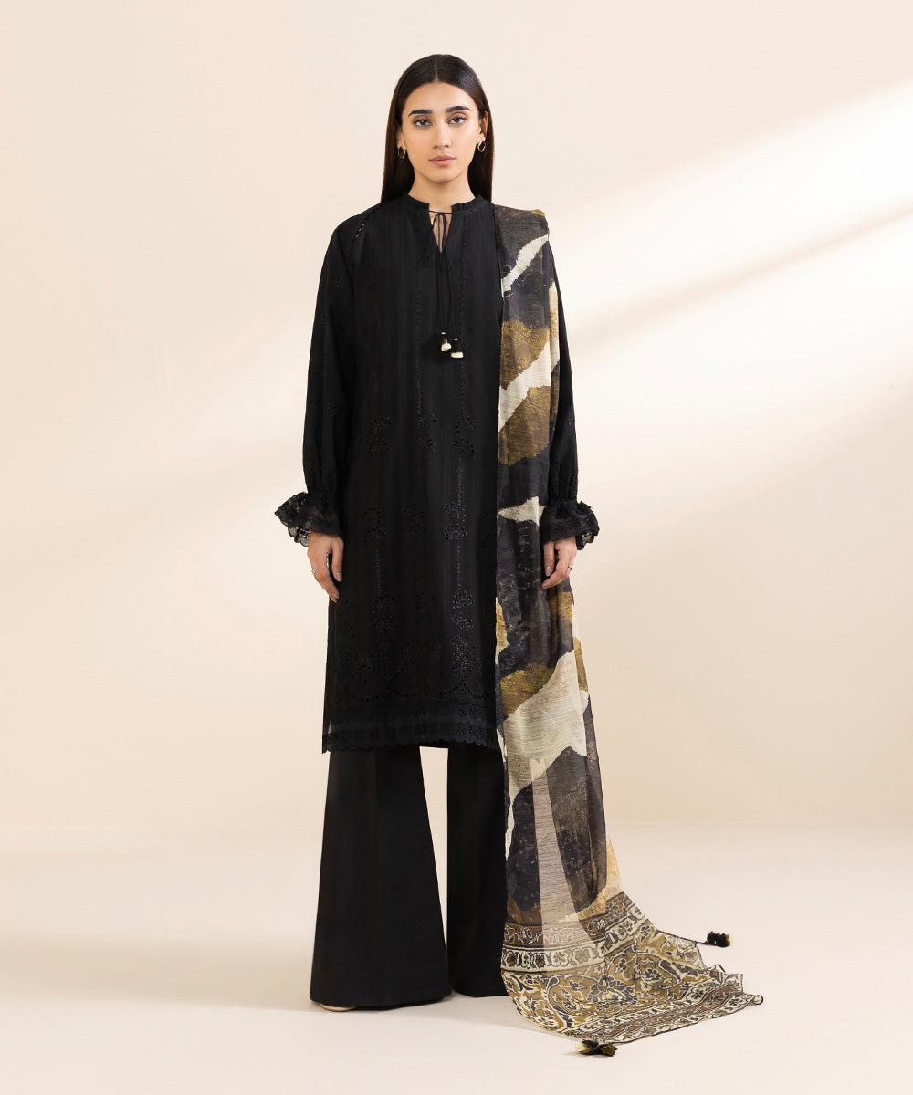 Women's Unstitched Dobby Embroidered Black 3 Piece Suit