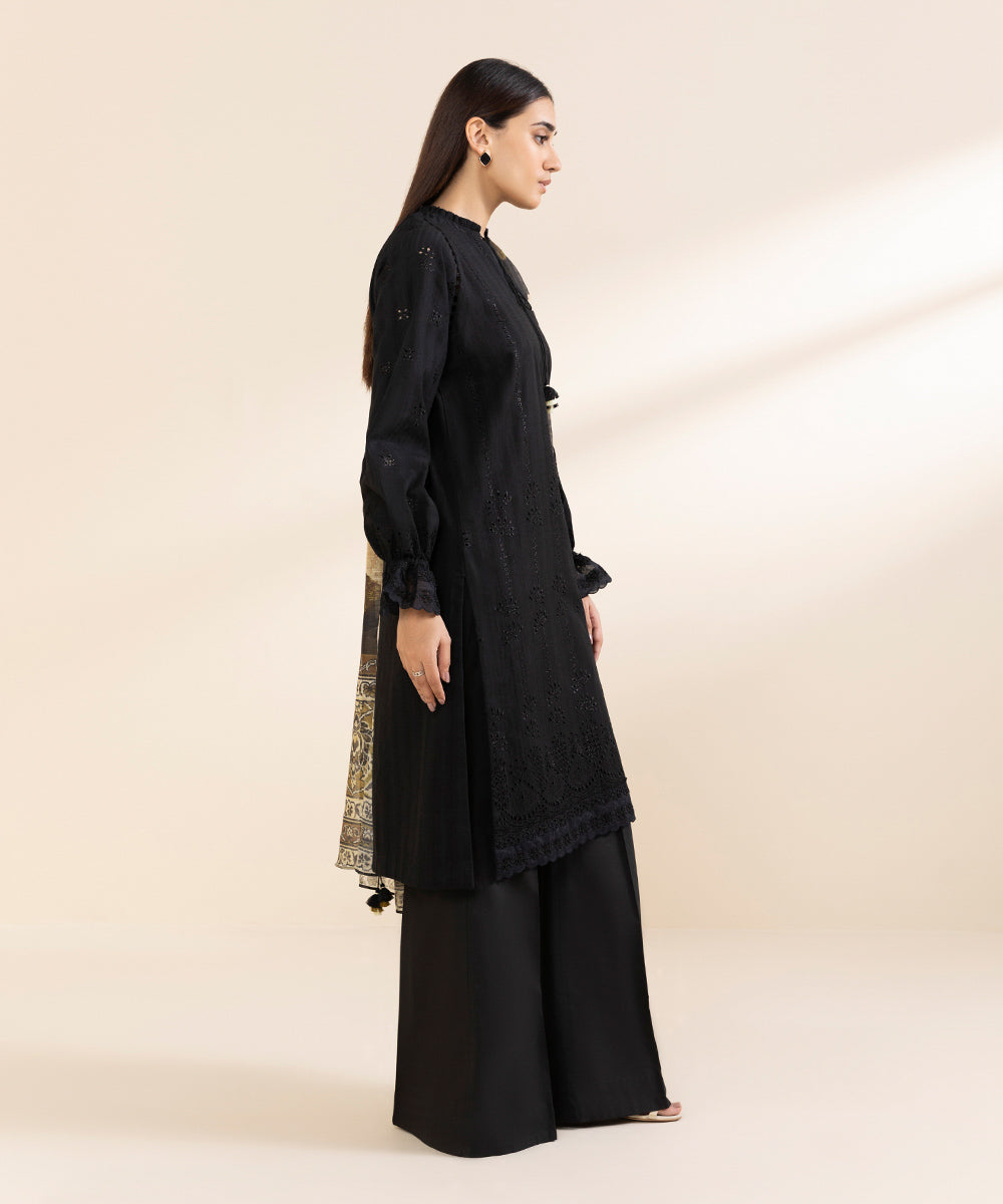 Women's Unstitched Dobby Embroidered Black 3 Piece Suit