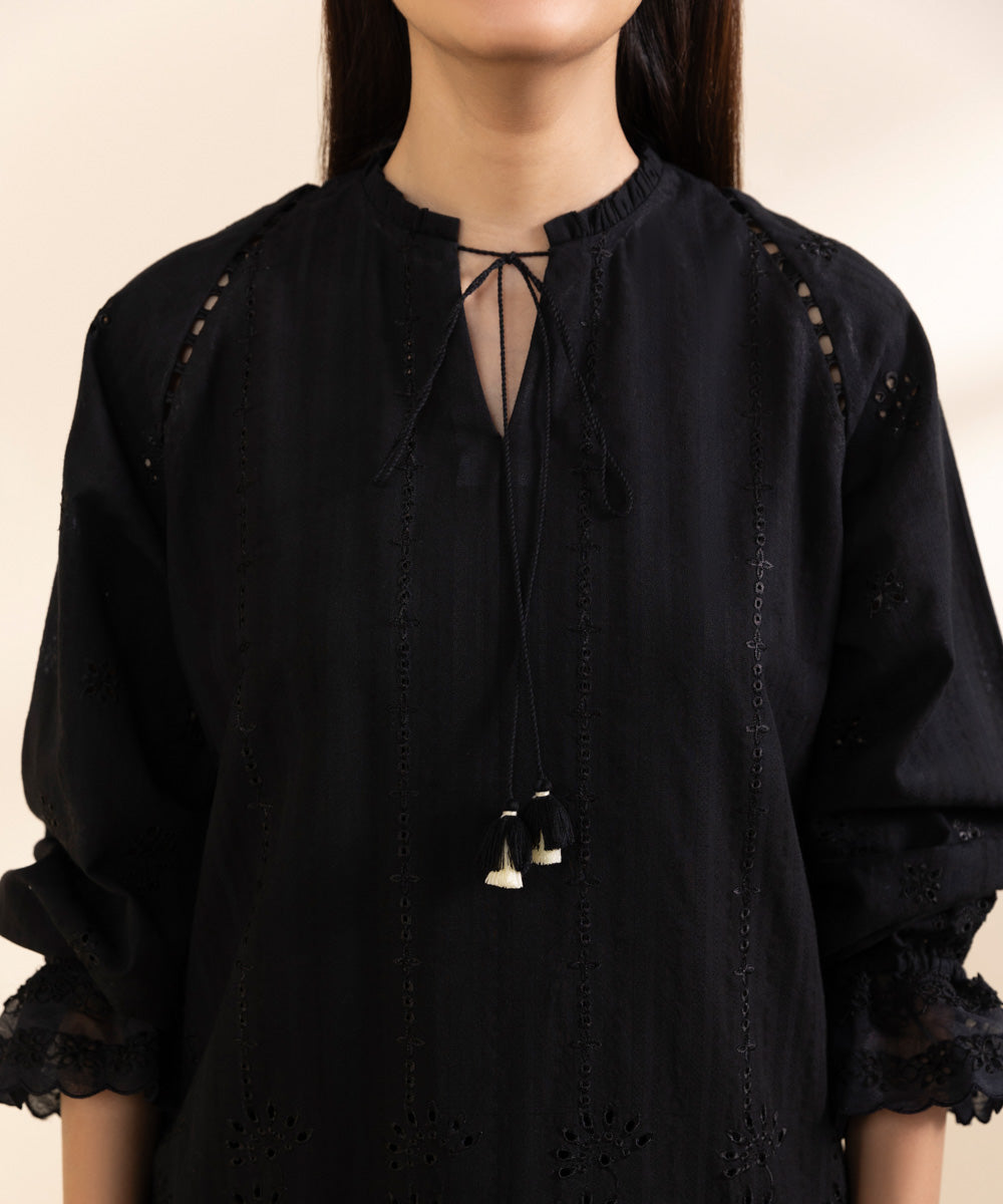 Women's Unstitched Dobby Embroidered Black 3 Piece Suit