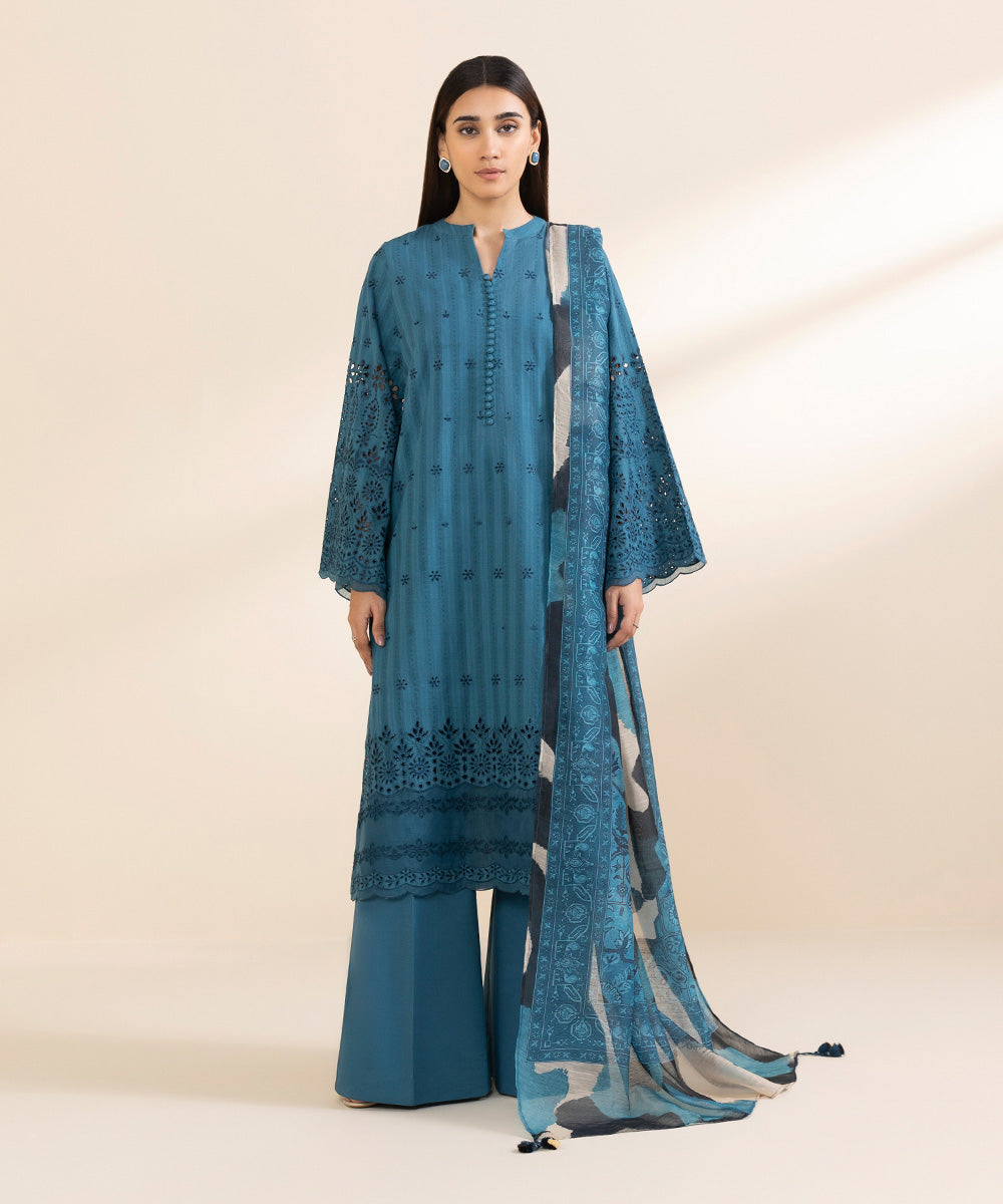 Women's Unstitched Dobby Embroidered Blue 3 Piece Suit