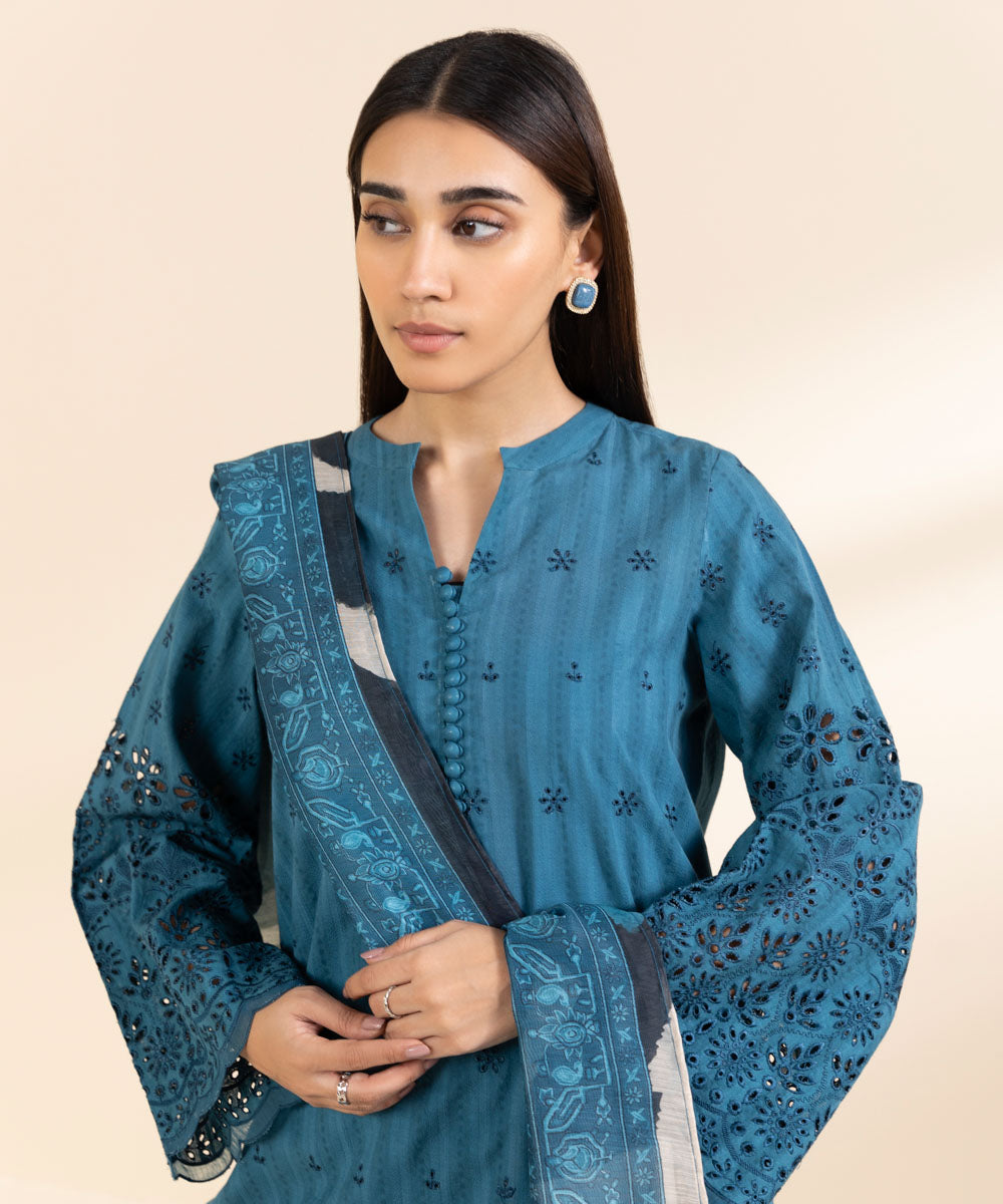 Women's Unstitched Dobby Embroidered Blue 3 Piece Suit