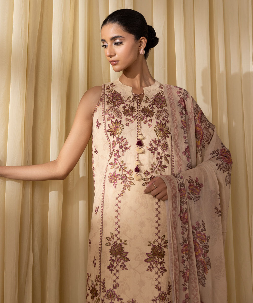 Women's Unstitched Cotton Jacquard Embroidered Beige 3 Piece Suit
