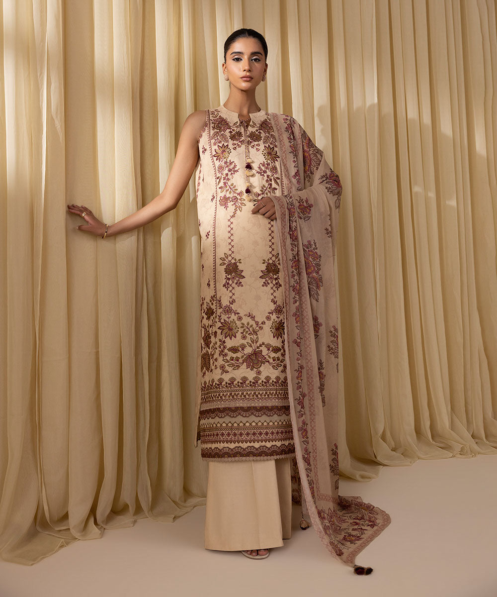 Women's Unstitched Cotton Jacquard Embroidered Beige 3 Piece Suit