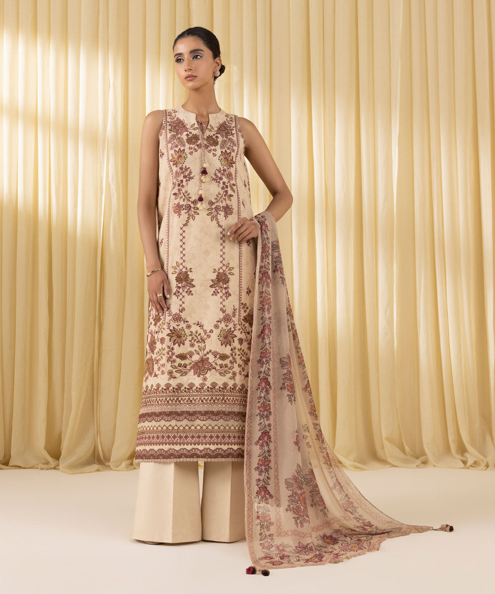 Women's Unstitched Cotton Jacquard Embroidered Beige 3 Piece Suit