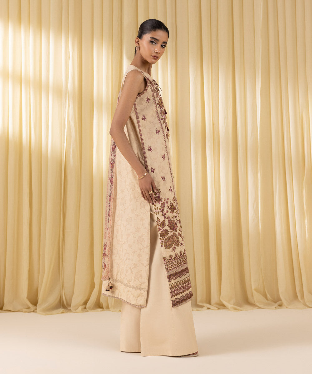 Women's Unstitched Cotton Jacquard Embroidered Beige 3 Piece Suit