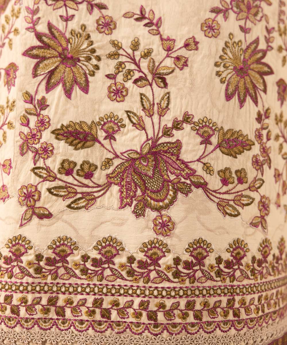 Women's Unstitched Cotton Jacquard Embroidered Beige 3 Piece Suit