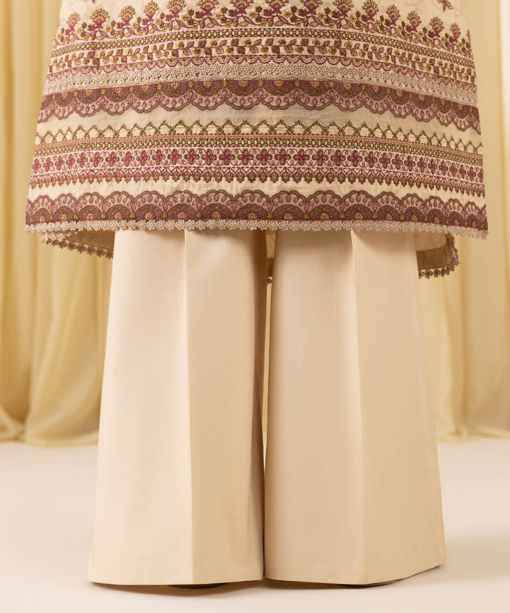 Women's Unstitched Cotton Jacquard Embroidered Beige 3 Piece Suit