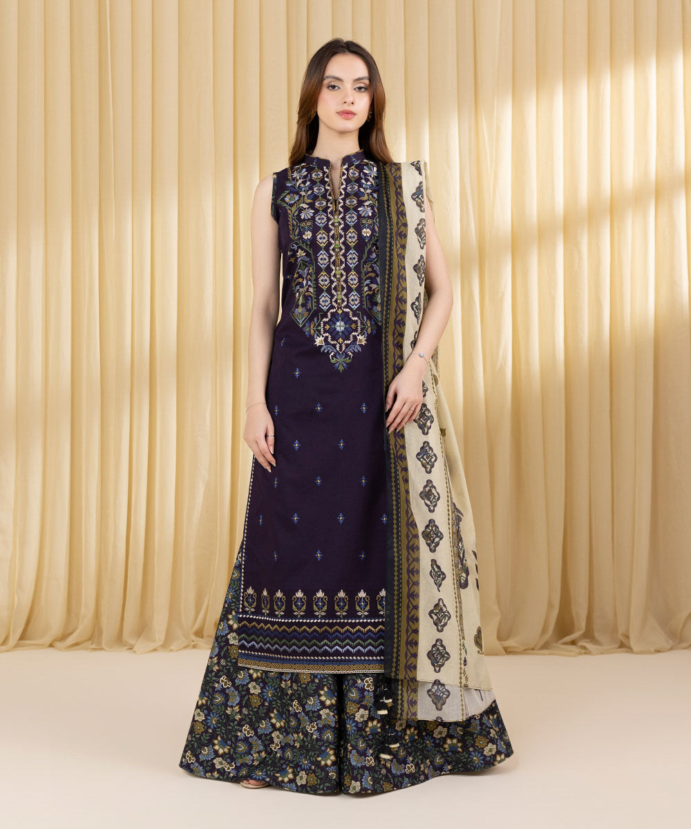 Women's Unstitched Textured Lawn Embroidered Purple 3 Piece Suit