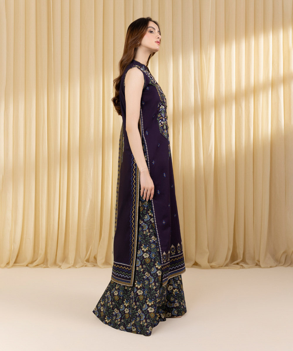 Women's Unstitched Textured Lawn Embroidered Purple 3 Piece Suit