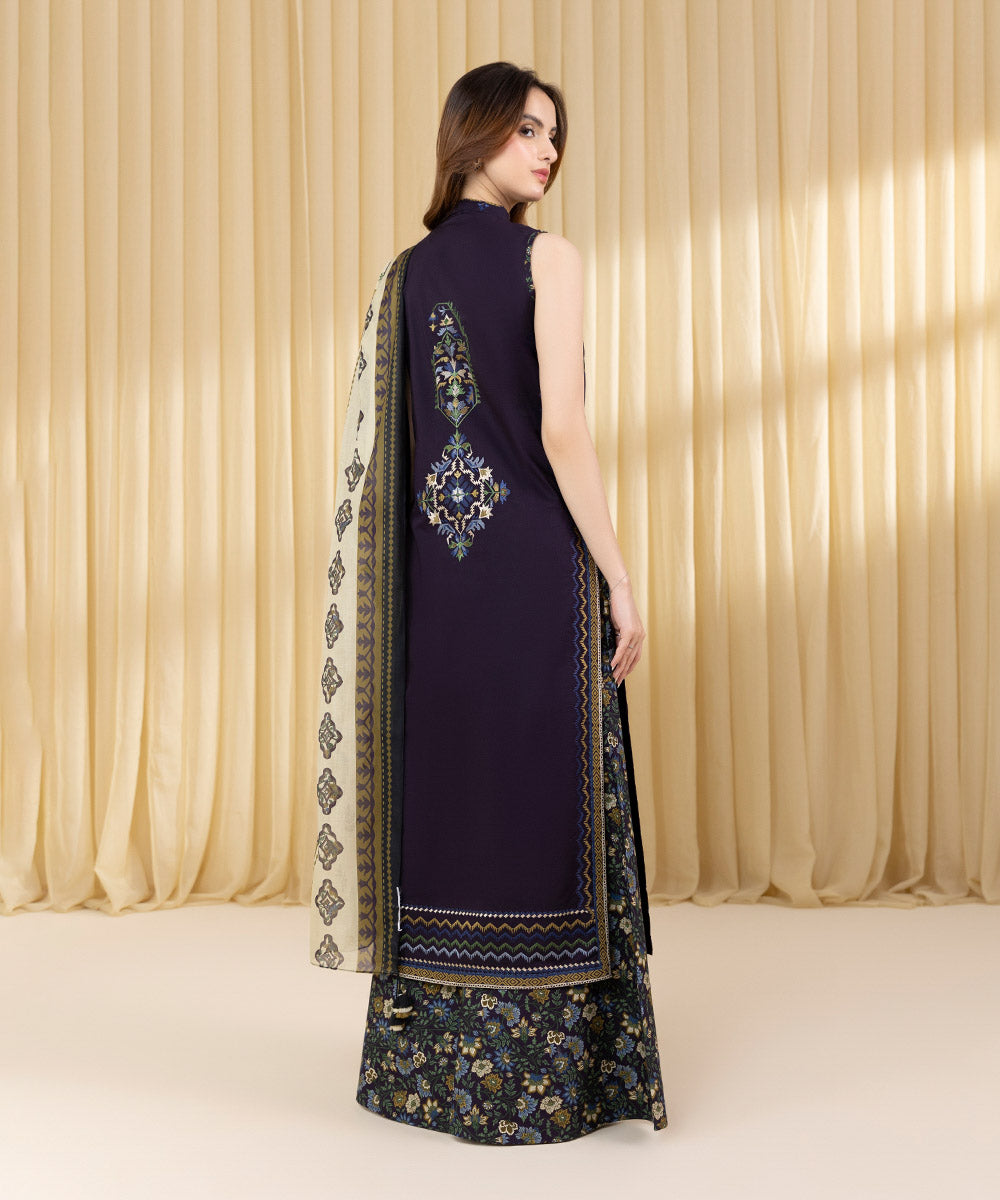 Women's Unstitched Textured Lawn Embroidered Purple 3 Piece Suit