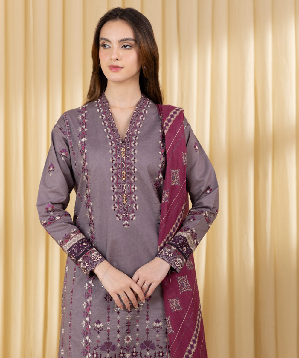 Women's Unstitched Textured Lawn Embroidered Purple 3 Piece Suit