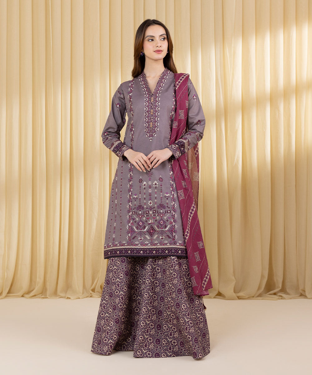 Women's Unstitched Textured Lawn Embroidered Purple 3 Piece Suit