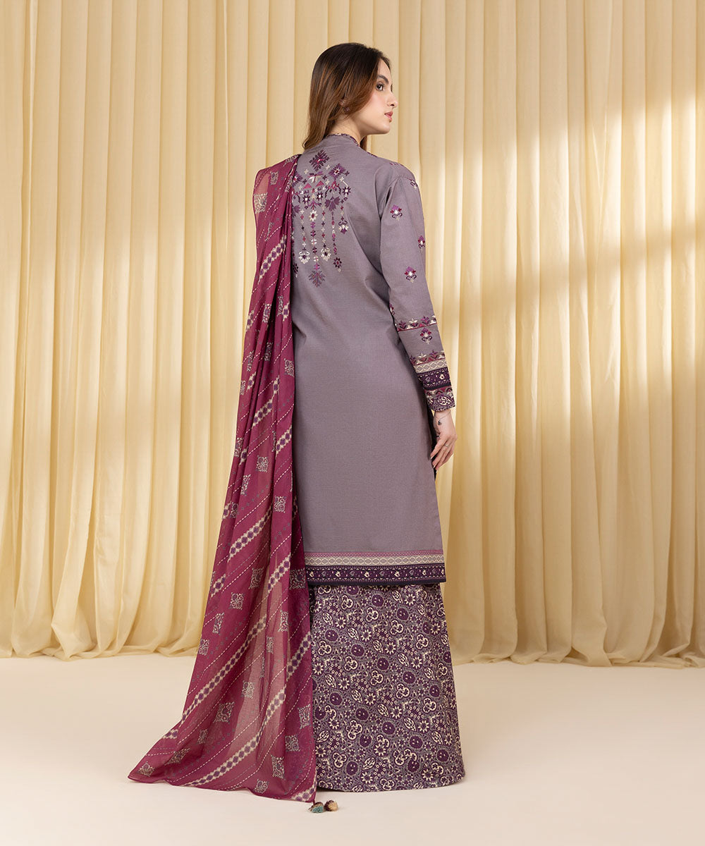 Women's Unstitched Textured Lawn Embroidered Purple 3 Piece Suit