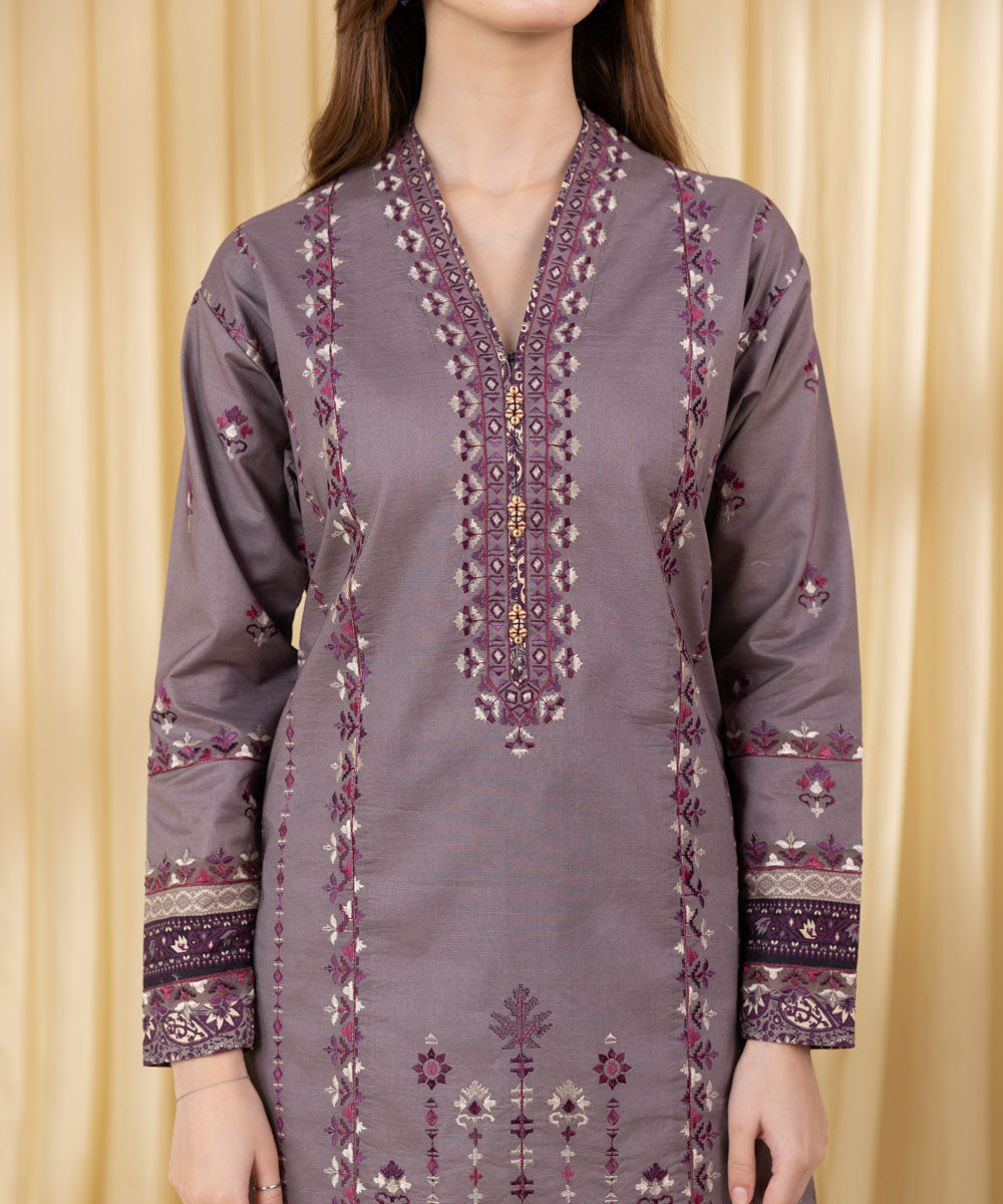 Women's Unstitched Textured Lawn Embroidered Purple 3 Piece Suit