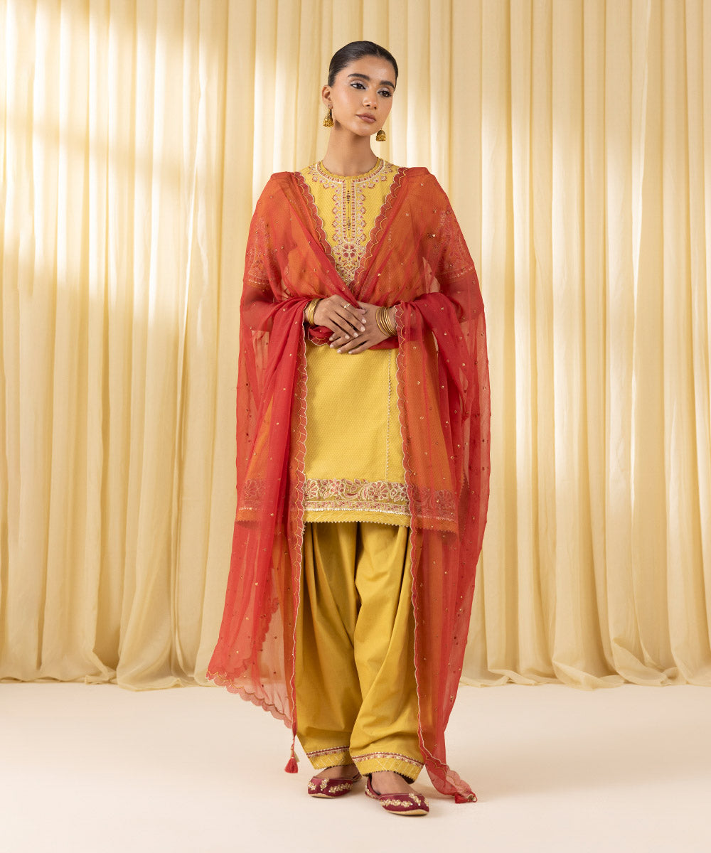 Women's Unstitched Dobby Embroidered Yellow 3 Piece Suit