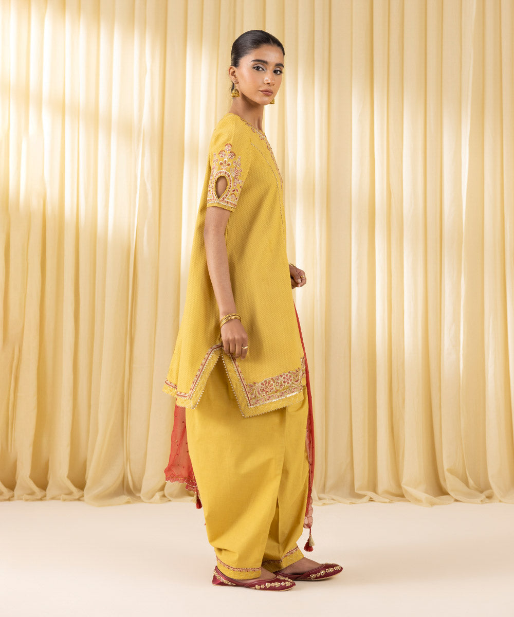 Women's Unstitched Dobby Embroidered Yellow 3 Piece Suit