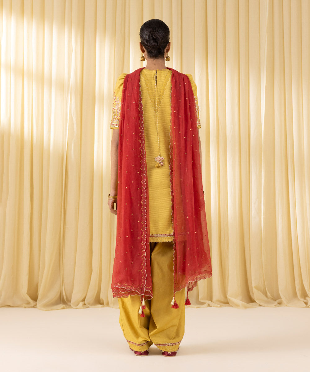 Women's Unstitched Dobby Embroidered Yellow 3 Piece Suit