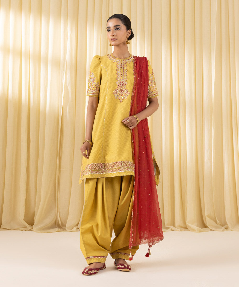 Women's Unstitched Dobby Embroidered Yellow 3 Piece Suit