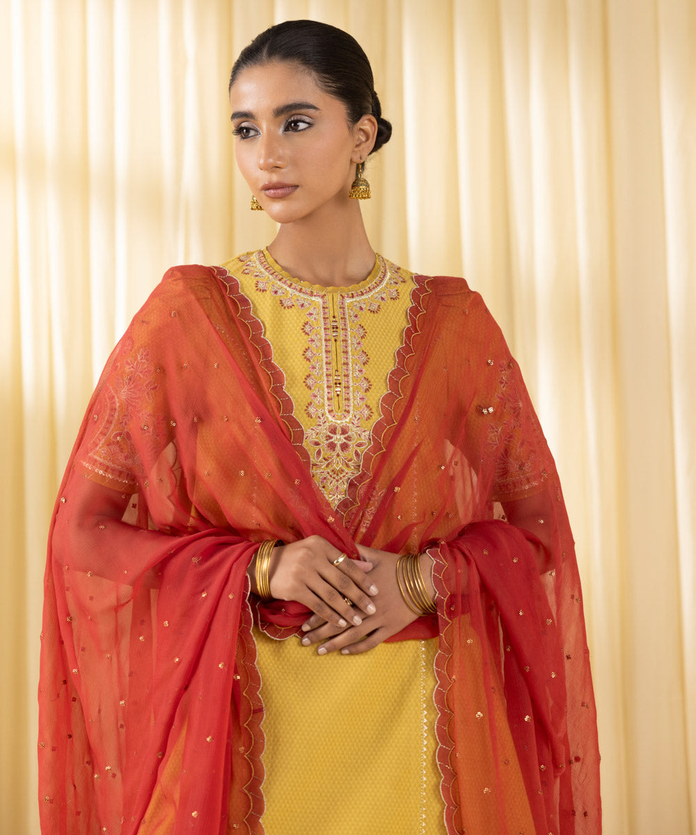 Women's Unstitched Dobby Embroidered Yellow 3 Piece Suit