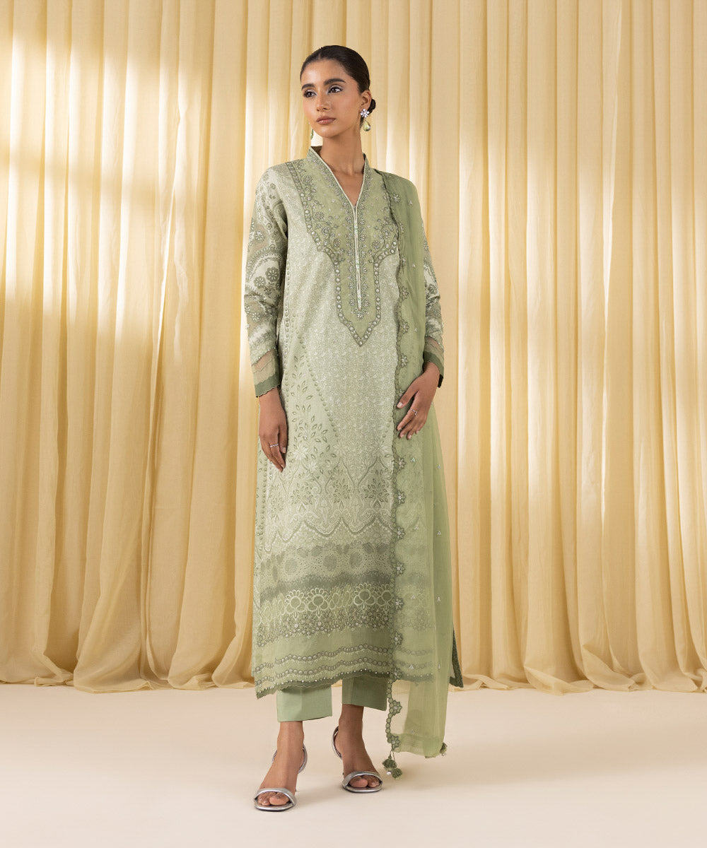 Women's Unstitched Lawn Embroidered Green 3 Piece Suit