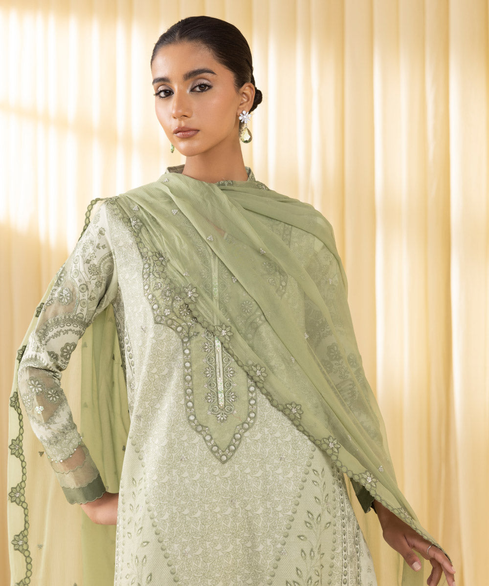 Women's Unstitched Lawn Embroidered Green 3 Piece Suit
