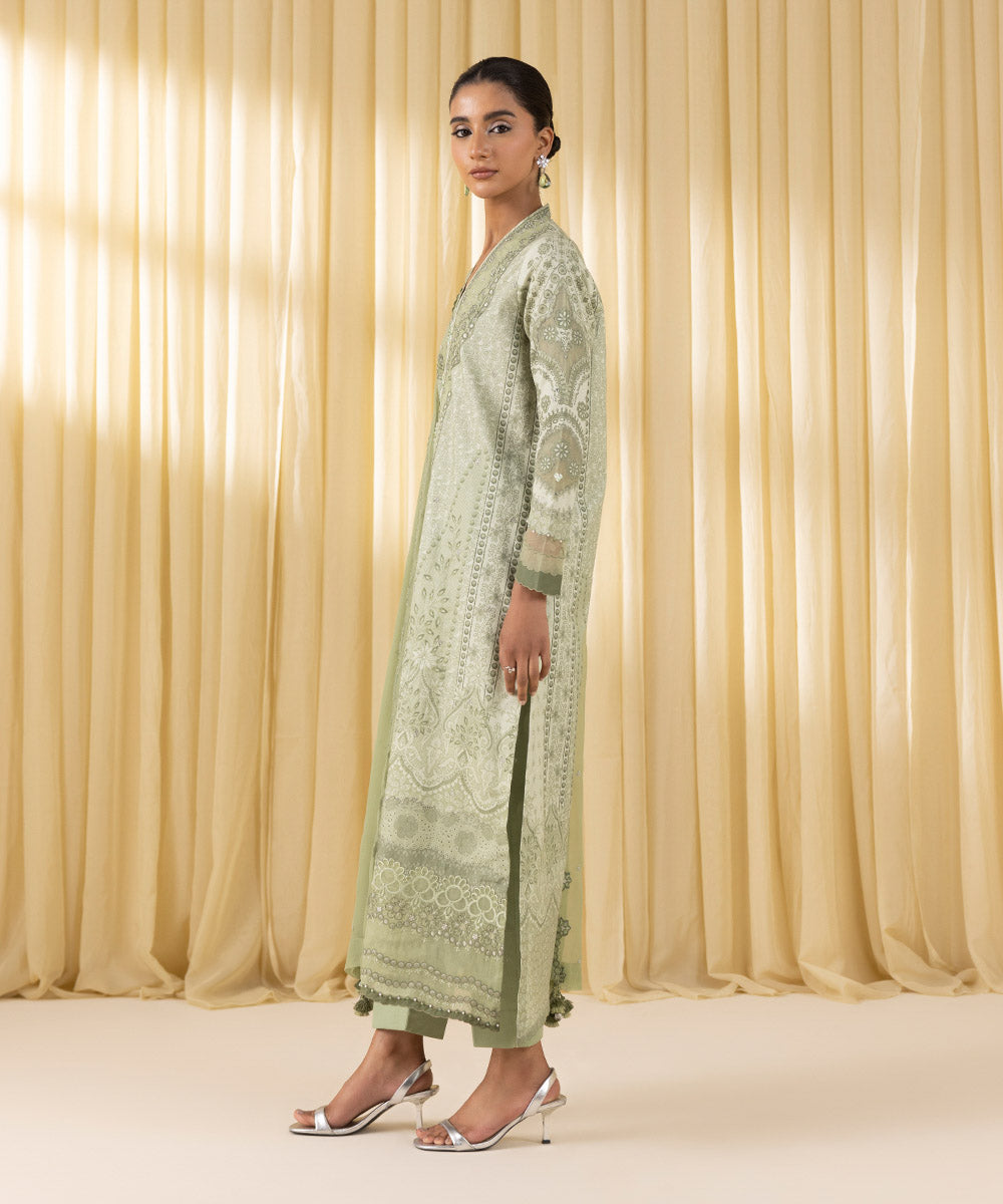 Women's Unstitched Lawn Embroidered Green 3 Piece Suit