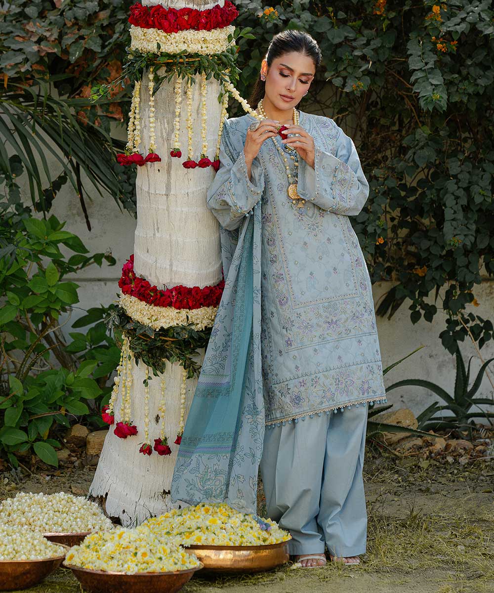 Unstitched Women's Blue Cotton Jacquard 3 Piece Suit