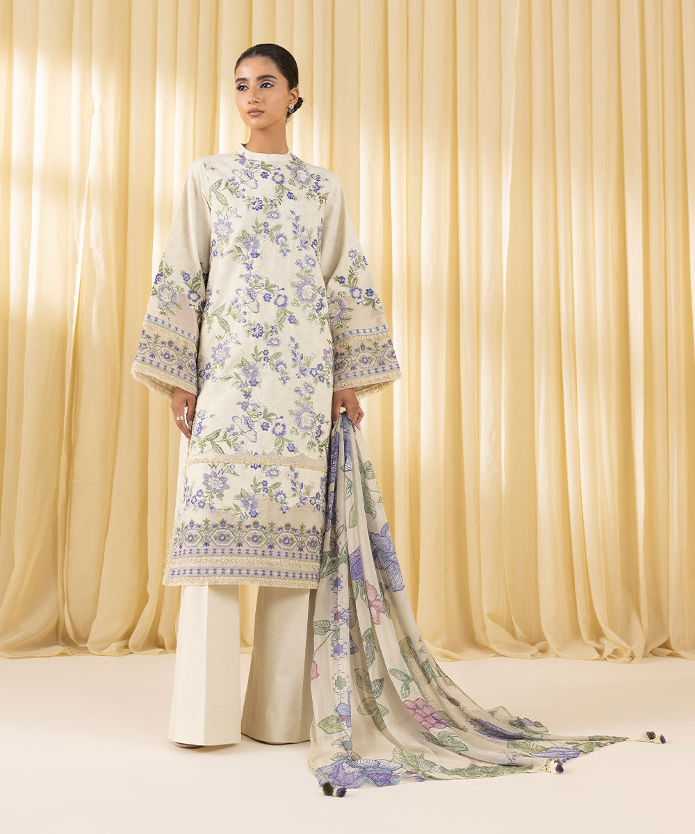 Women's Unstitched Cotton Jacquard Embroidered Off White 3 Piece Suit