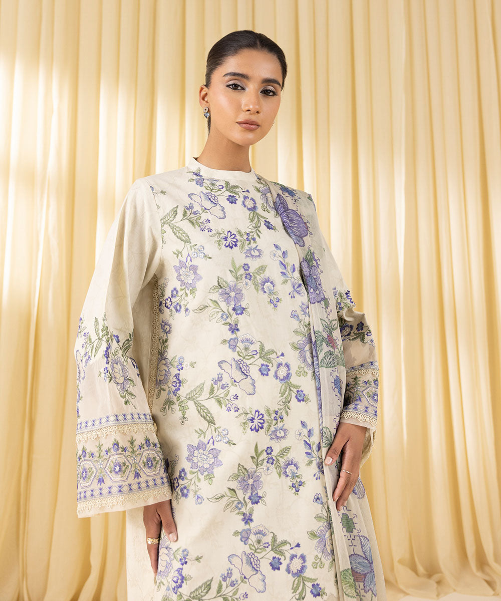 Women's Unstitched Cotton Jacquard Embroidered Off White 3 Piece Suit