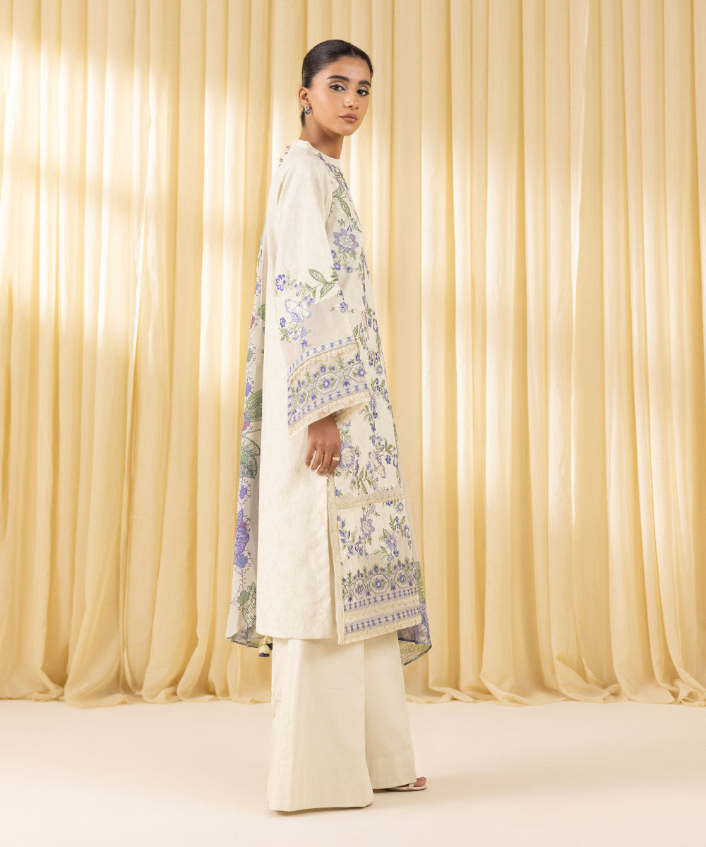 Women's Unstitched Cotton Jacquard Embroidered Off White 3 Piece Suit