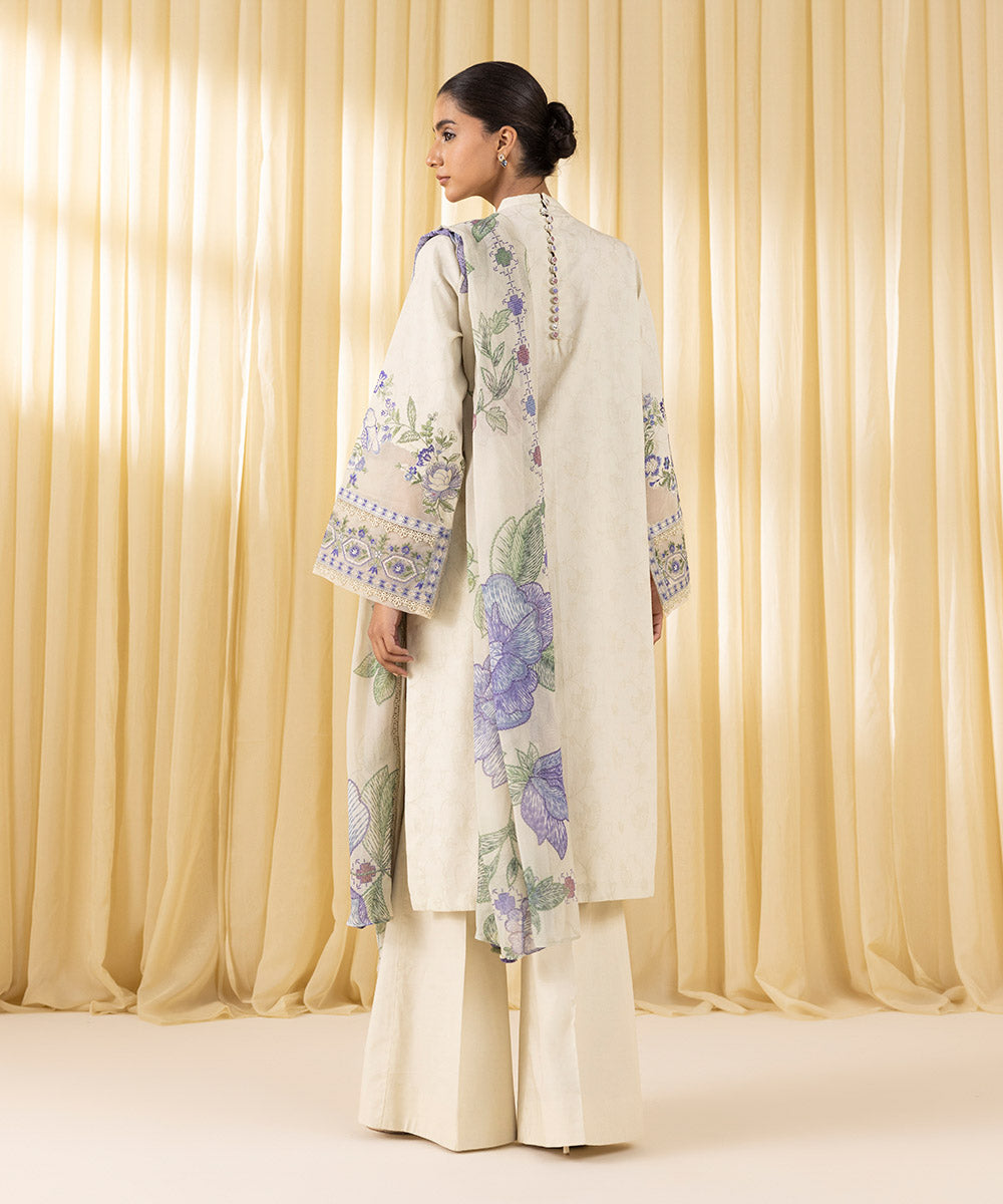 Women's Unstitched Cotton Jacquard Embroidered Off White 3 Piece Suit