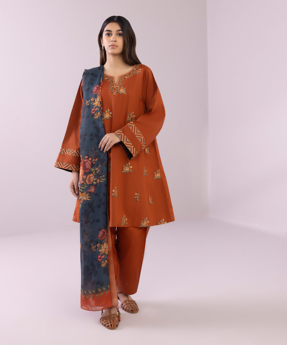 Women's Unstitched Lawn Embroidered Rust Orange 3 Piece Suit