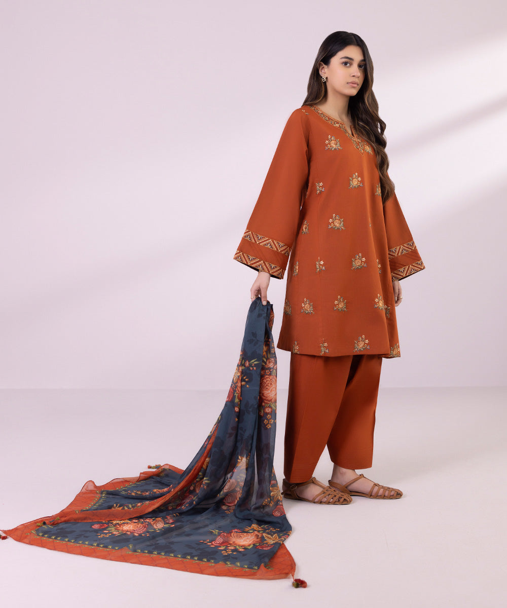 Women's Unstitched Lawn Embroidered Rust Orange 3 Piece Suit