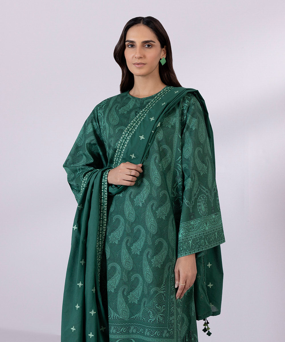 Women's Unstitched Lawn Embroidered Green 3 Piece Suit