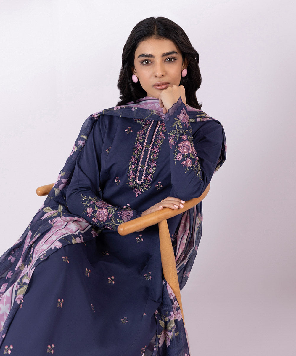 Women's Unstitched Lawn Embroidered Blue 3 Piece Suit