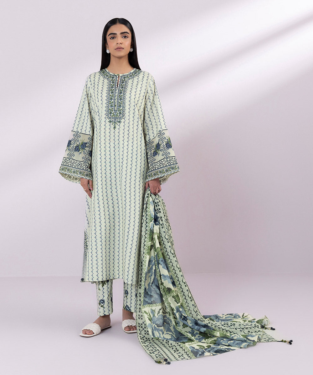 Women's Unstitched Lawn Embroidered Off White 3 Piece Suit