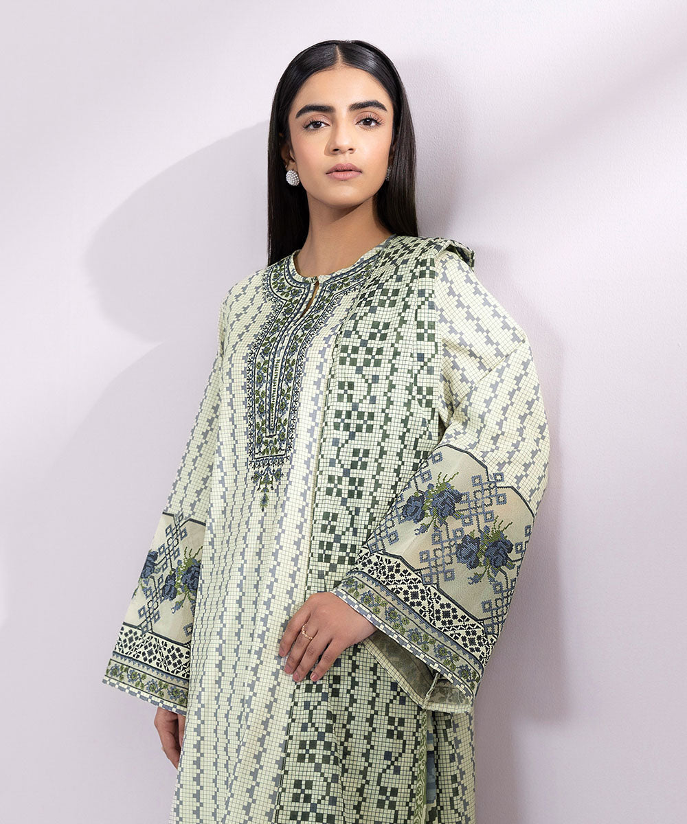 Women's Unstitched Lawn Embroidered Off White 3 Piece Suit