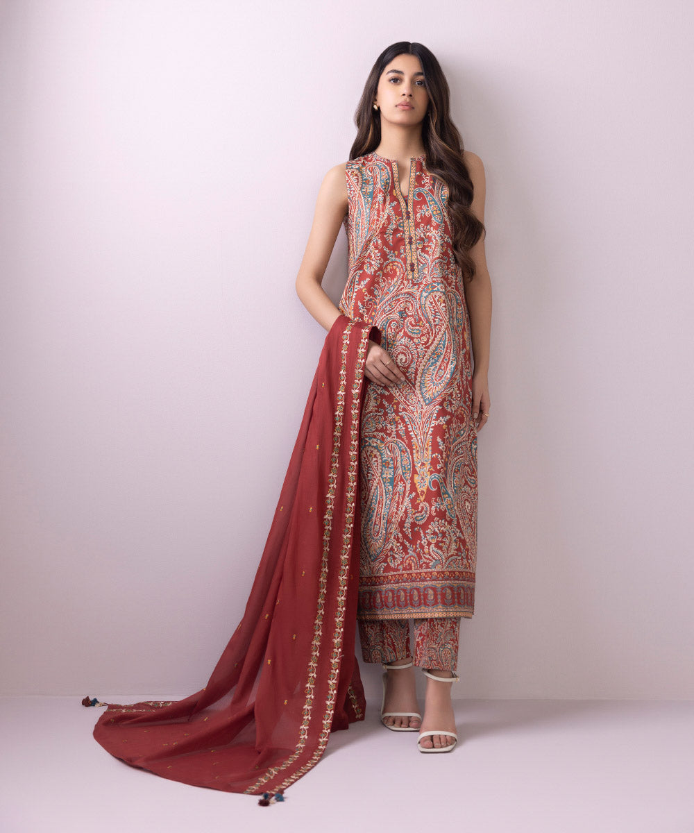 Voile Red Embroidered Dupatta