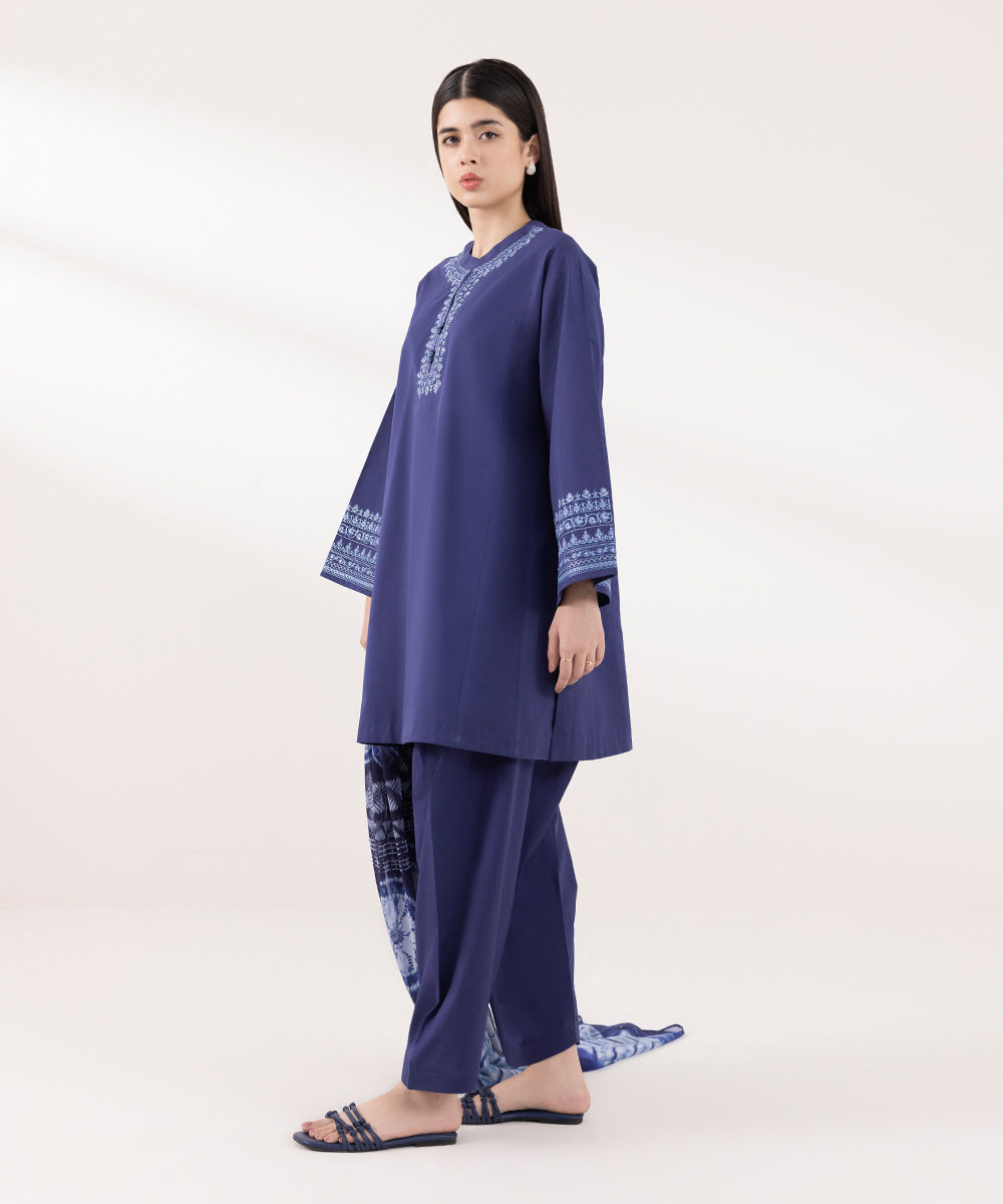 Women's Unstitched Lawn Embroidered Blue 3 Piece Suit